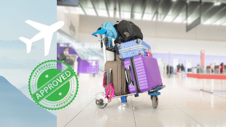 Airport trolley loaded with TSA-approved suitcases, featuring an 'Approved' stamp and a flying plane graphic