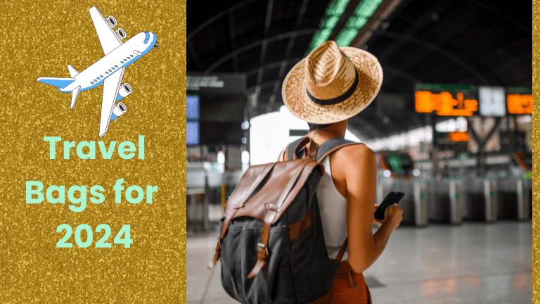 A woman in airport with travel bag for 2024 on her back, symbolic plain is flying in background